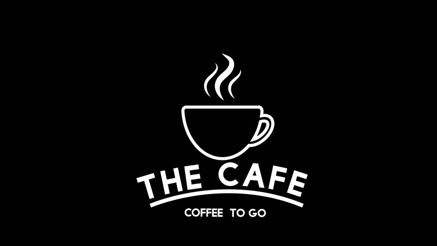 Animation of a white silhouette of coffee preparation for a café logo on a black background, with dynamic movements.