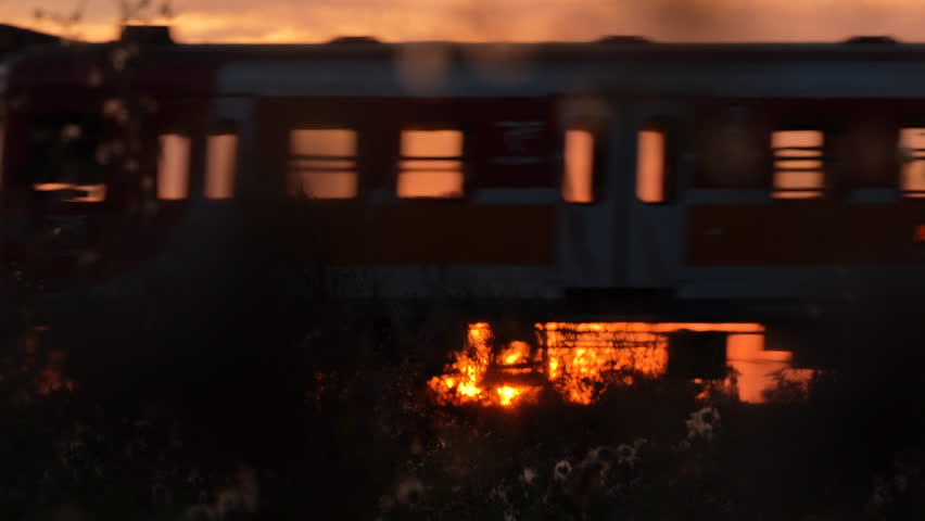 A moving train passes in front of the setting sun, casting a warm glow through the windows