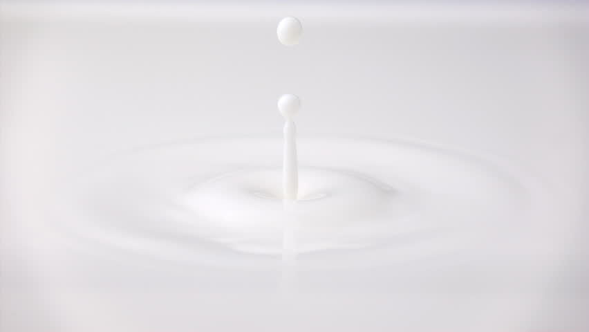 Fresh milk drop falling and splashing in a milky pool from above. Slow motion rings and ripple top view