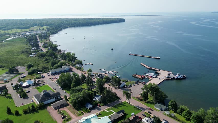 La Pointe Town, Apostle Islands, Wisconsin (USA); Slow Aerial Pull Away Shot Revealing The Scenic 12-Mile Stretch Of Shoreline Along Lake Superior.