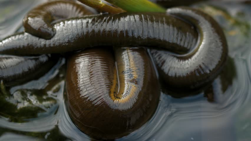 Horse leech and fly maggots feeding on a carcass