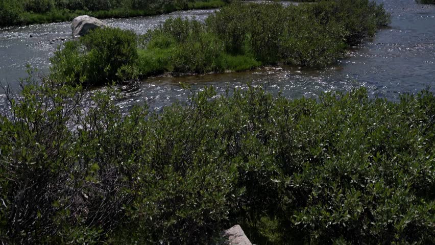 Scenic tilt up establishes a river winding through the landscape near Payson Peak in the Wind River Wilderness, Wyoming