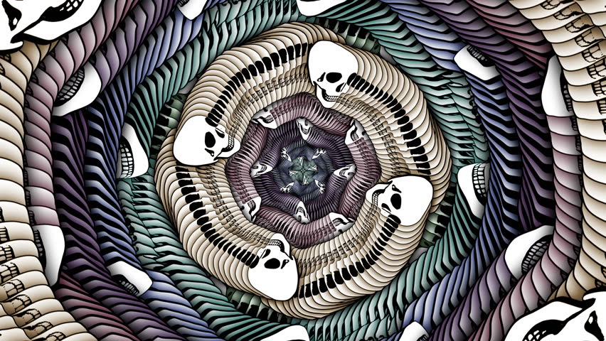 Seamless animation psychedelic skull cartoon style cartoon with circular echo effect. Hypnotic Halloween background with marker stroke effect.