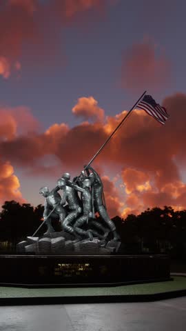 3D - Circular aerial view at dusk of US Marine Corps War Memorial in Washington D.C. United States