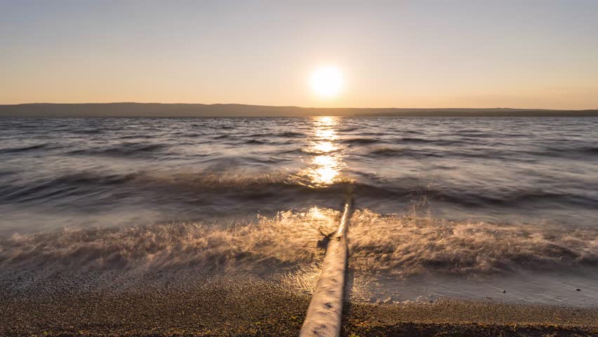 The sun sets over the tranquil waters of Heart Lake in Yellowstone, with a piece of driftwood resting on the shore, creating a peaceful natural scene.Timelapse Video.