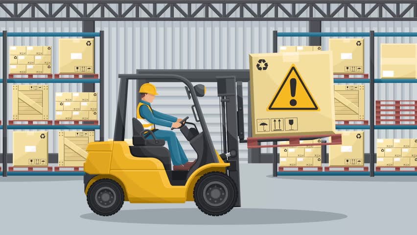 Animation of do not drive with the forks raised or with a elevated load. Safety in handling a fork lift truck. Security First. Accident prevention at work. Industrial Safety and Occupational Health