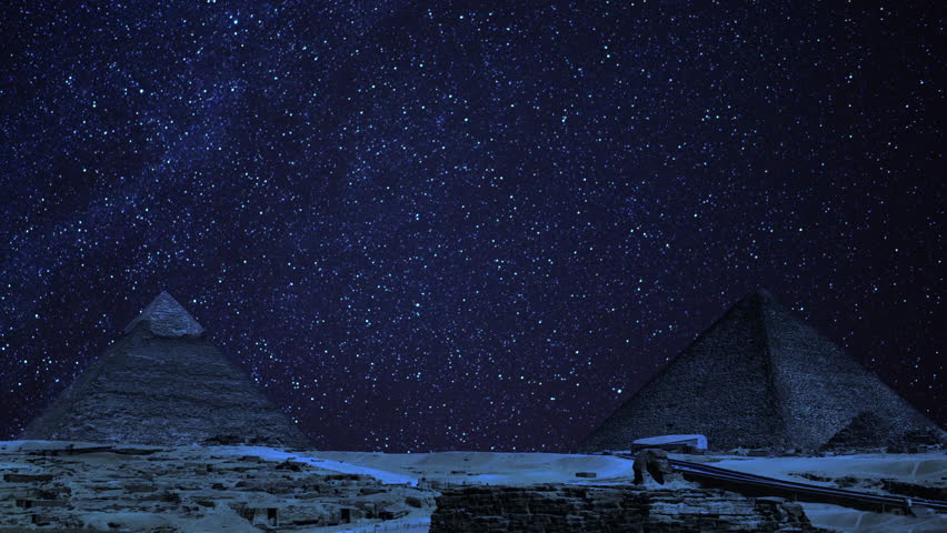 Egypt Pyramid Khufu, Khafre and Sphinx Under Star Trails Around Polaris