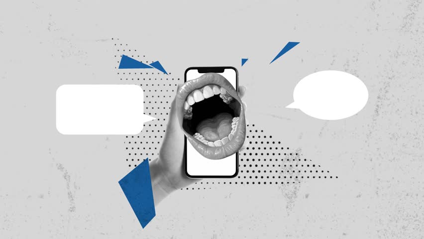 Collage art. Hand holds phone screen with scream woman mouth. Crazy sale concept with scribble line and speech bubble on the background. gray and blue and black colors. Vector trendy bg.