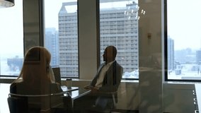 Clock animation over business meeting in office with cityscape background. teamwork, time, professional, corporate - Powered by Shutterstock - Get 15% off with code: PIKWIZARD15