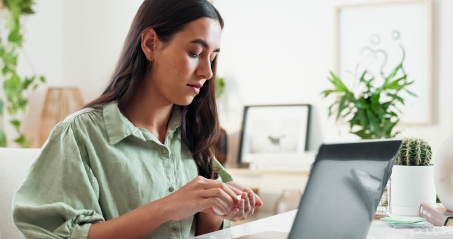 Woman, pills and medication in home with laptop for prescription drugs, supplements and treatment with remote work. Startup freelancer, copywriter and capsule for healthcare or drinking water at desk