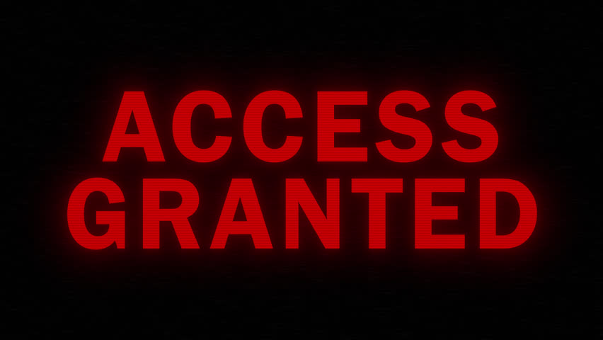 ACCESS GRANTED animation with red text and glitch effect. Ideal for cybersecurity themes, web banners, ads, and video games, featuring a futuristic design with digital distortion.
