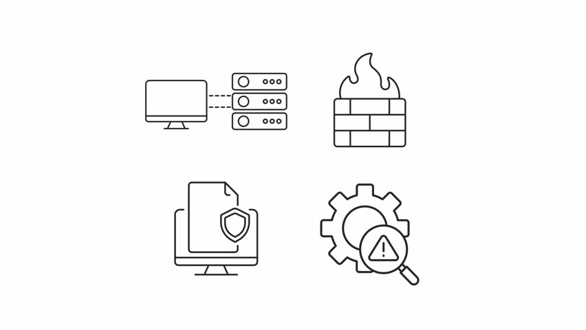 Cyber security animation set. Network protection animated line icons. Data management, transfer. Black illustrations on white background. HD video with alpha channel. Motion graphic