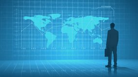 Clock animation over world map with businessperson working in office. Time, global, corporate, productivity, digital - Powered by Shutterstock - Get 15% off with code: PIKWIZARD15