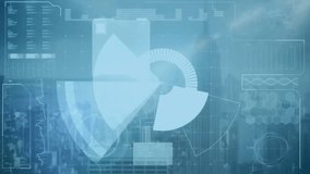 Animating clock and data visualization over cityscape background. Time, digital, technology, urban, skyline, analytics - Powered by Shutterstock - Get 15% off with code: PIKWIZARD15