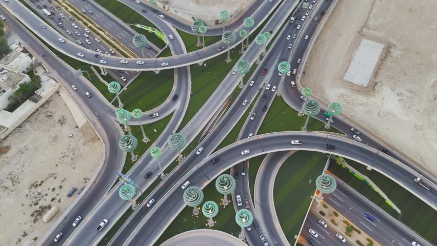 Drone view of busy motorway The Green Field Riyadh KSA
