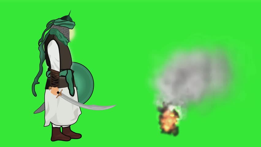 2d animated character of The imam is standing in front of a bright fire on the battlefield wearing a battle dress, sword, shield and armor and looking into the distance.