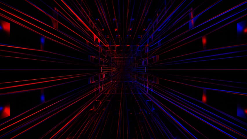 endless camera flight through a dark abstract tunnel illuminated by red and blue light. 3d render. Looped animation.