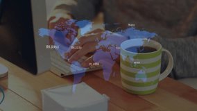 World map with numerical data animation over person working on computer. Analytics, technology, business, global, digital, information - Powered by Shutterstock - Get 15% off with code: PIKWIZARD15