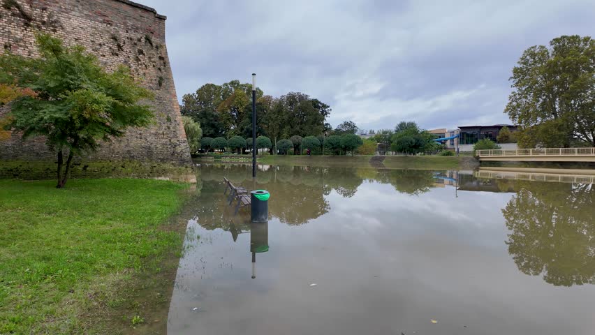 Floods on the river Rába in Győr Hungary in September 2024 - high water levels