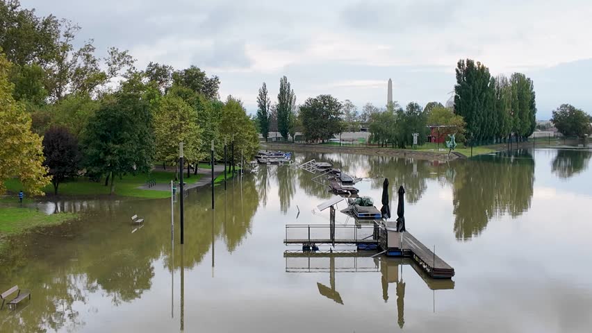 Floods on the river Rába in Győr Hungary in September 2024 - high water levels