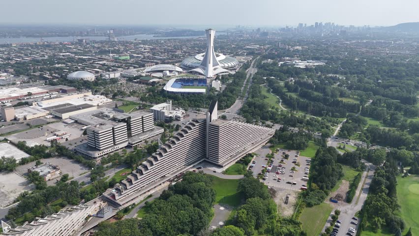 Aerial drone view of the Montreal Olympic Stadium and inclined tower in Montreal, Quebec, Canada.