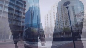 Business handshake animation over modern urban cityscape with tall buildings. partnership, deal, success, collaboration, teamwork, skyscrapers - Powered by Shutterstock - Get 15% off with code: PIKWIZARD15