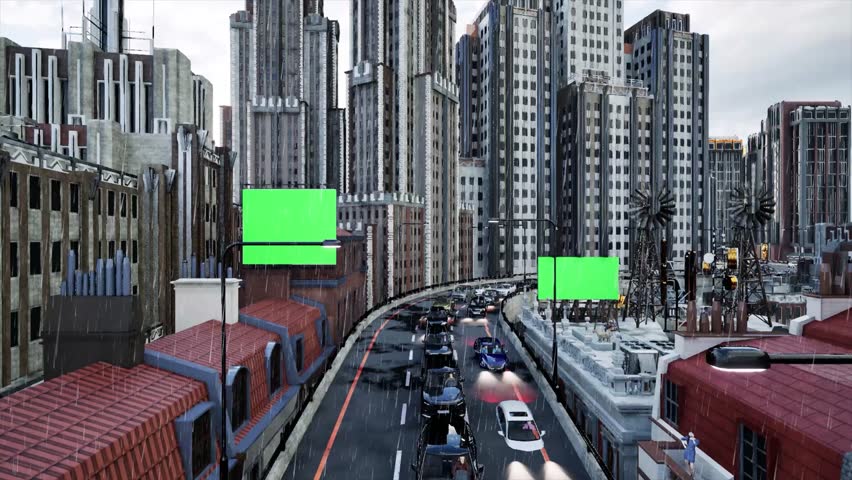 City billboards on both sides of the viaduct Rainy Day Scene