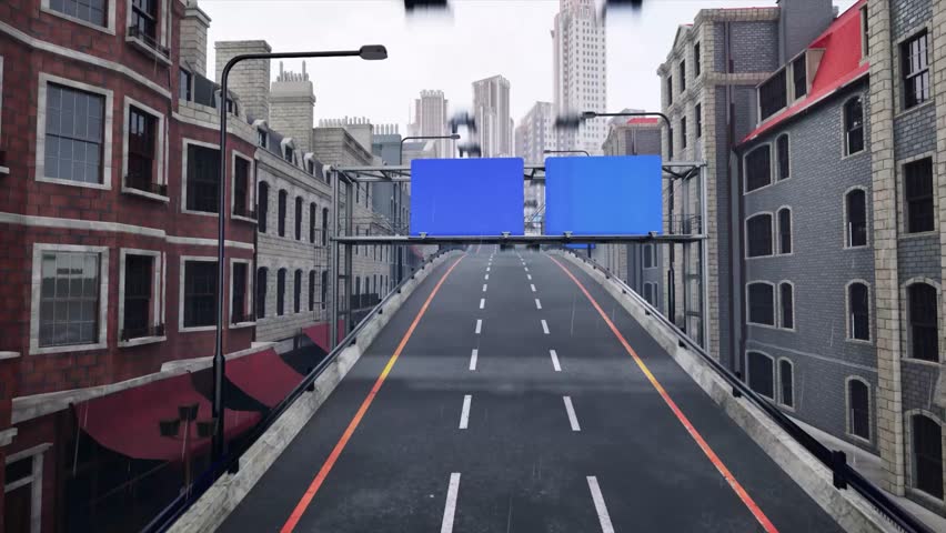 City billboards on both sides of the viaduct Rainy Day Scene