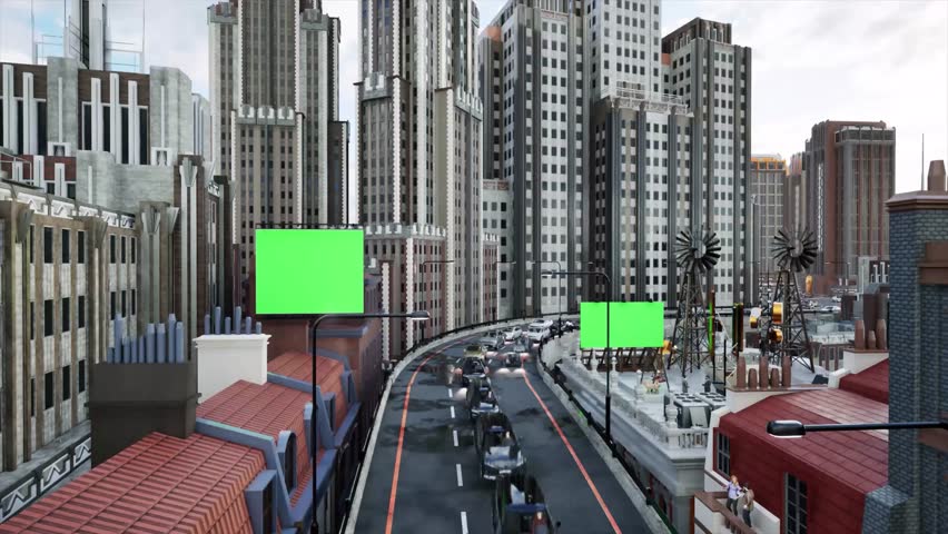 City billboards on both sides of the viaduct Rainy Day Scene