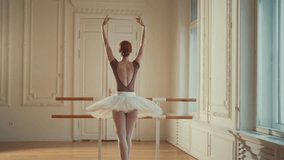 Back view of graceful ballerina performing graceful steps and slow arms movement . Slow motion shot with attractive slender female ballet dancer in tutu, fragile young lady rehearsing alone in class - Powered by Shutterstock - Get 15% off with code: PIKWIZARD15
