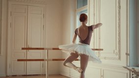 Back view of graceful ballerina performing graceful steps and slow arms movement . Slow motion shot with attractive slender female ballet dancer in tutu, fragile young lady rehearsing alone in class - Powered by Shutterstock - Get 15% off with code: PIKWIZARD15