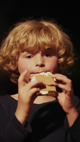 A boy savoring a delicious s'more under the night sky, enjoying the sweet treat in an outdoor setting
