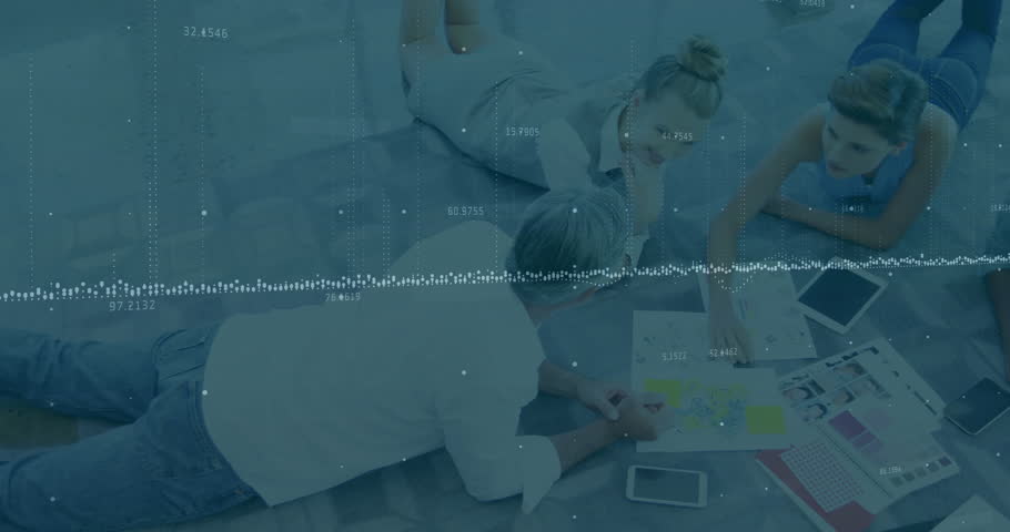 Business data processing animation over group of people collaborating on floor. teamwork, collaboration, technology, digital, office, analyzing