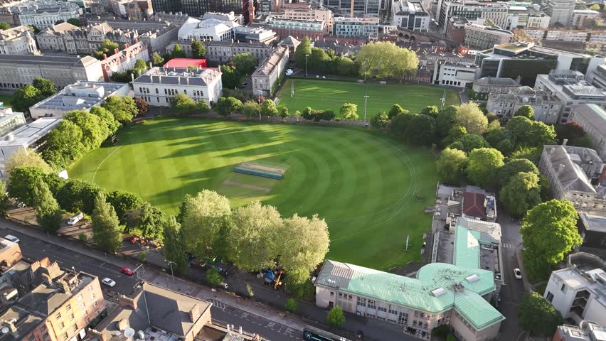 Aerial shot of College Park, a cricket ground of Trinity College Dublin, Dublin