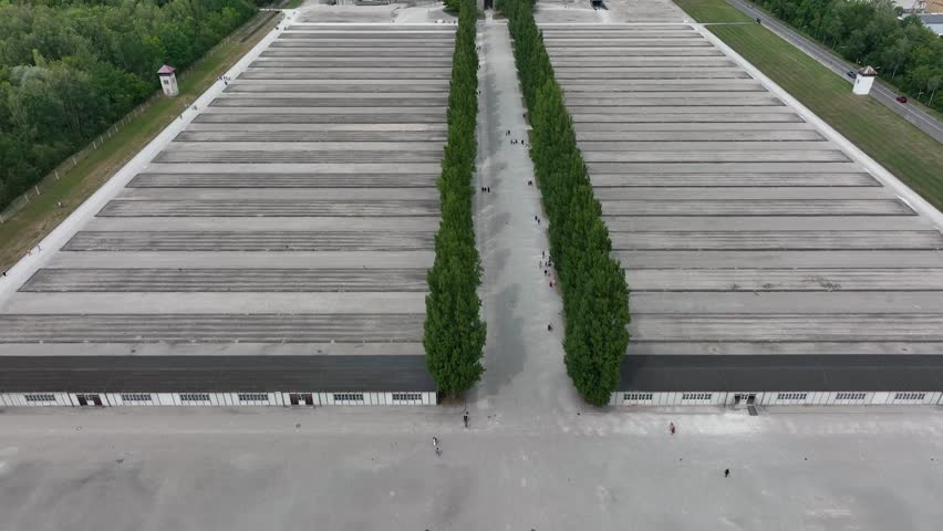 Drone view Dachau. Concentration camp memorial site. Dachau Nazi concentration camp. World war two. Death concentration center camp. Historical site and museum. Munich, Bavaria. Germany.