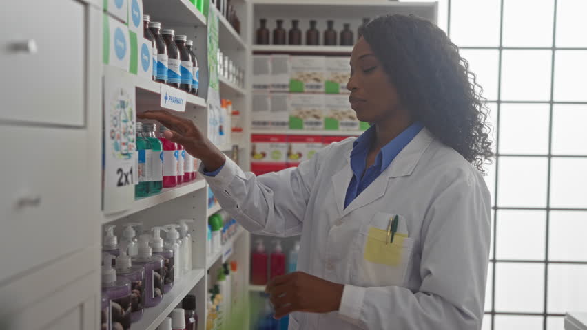 A young, beautiful african american woman with curly hair, dressed in a white coat, organizes products on a shelf in a well-lit pharmacy interior.