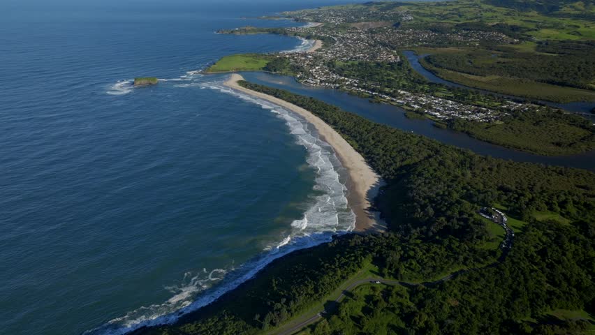 Mystics Farm surfing break Killalea Minnamurra beach Illawarra State Park aerial drone Shellharbour Wollongong Australia NSW Sydney South Coast Shell Cove Stack Rangoon Island sunny bluesky forward up