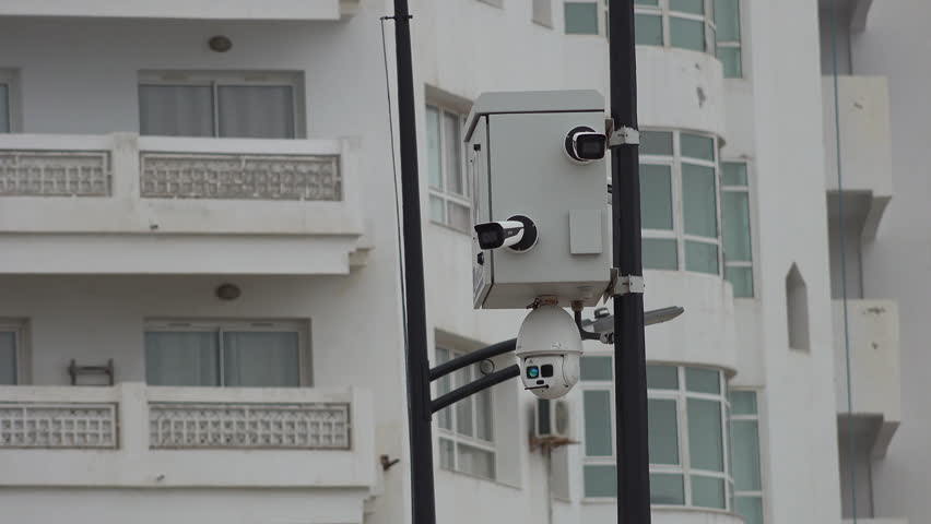 SOUSSE, TUNISIA - JUNE 7th, 2023: Security cameras near beach in Sousse, extra safety measures after terror attacks in 2015
