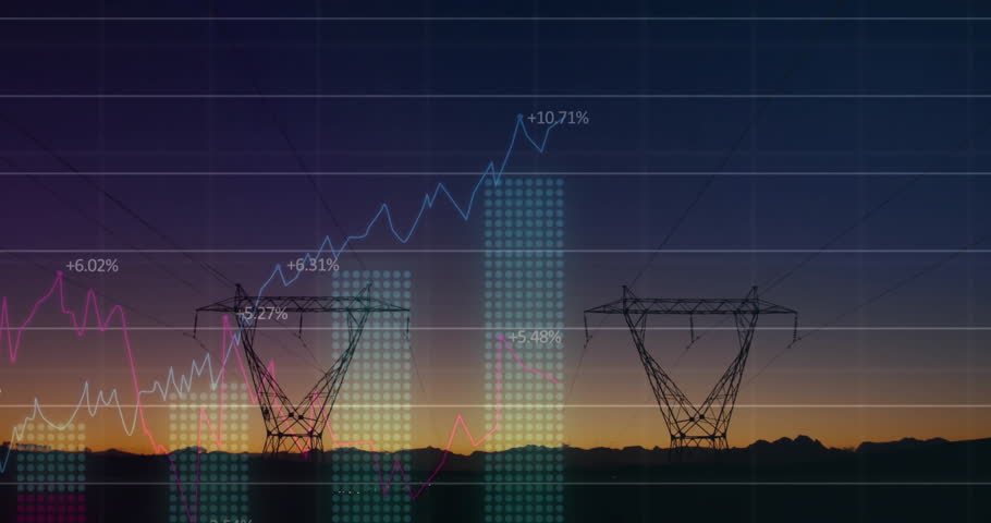 Power lines and grid with financial data processing animation over sunset background. Energy, infrastructure, technology, finance, analytics, electricity