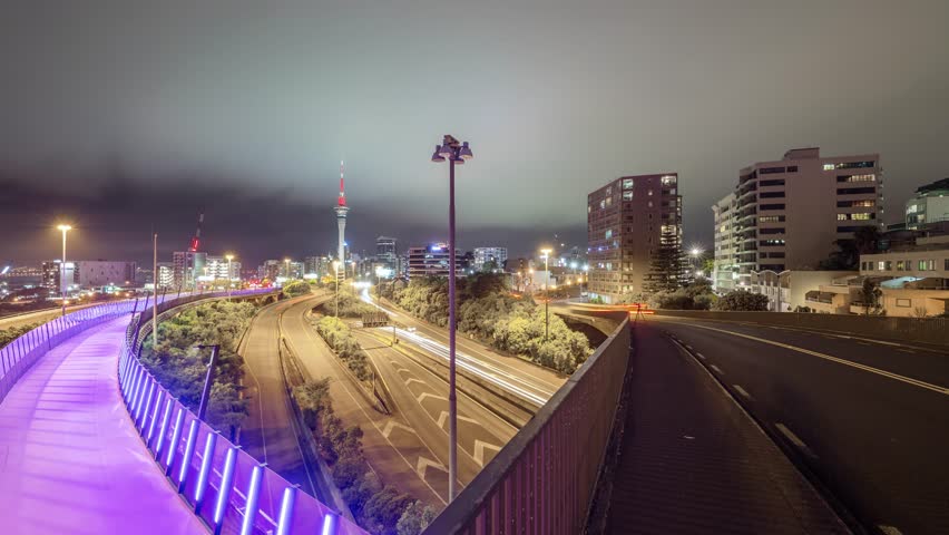 Time lapse of a freeway and skyline of Auckland, New Zealand.