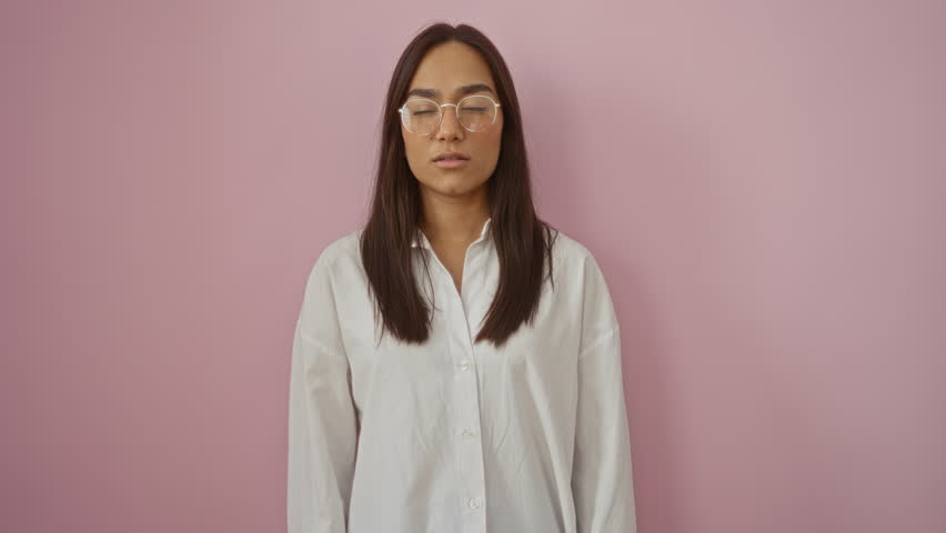 Woman rubbing her eyes and holding glasses while standing in front of pink wall looking tired or frustrated