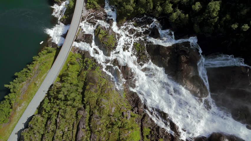 Langfossen waterfall, Norway, Northern Europe, Scandinavia. Scenic nature mountain landscape. Aerial