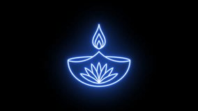 Neon Diya fire icon animation, flickering emergence and fading. Glowing neon Diya lamp, looped animation. Happy Diwali, Deepavali oil candle, Diya oil lamp with lotus flower. Violet, blue, azure color - Powered by Shutterstock - Get 15% off with code: PIKWIZARD15