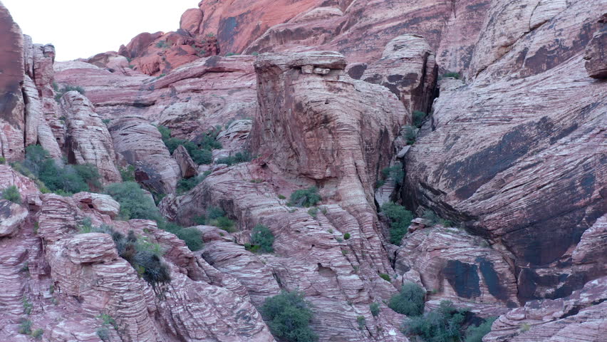 Drone view of great natural wonder on high cliffs in red rock canyon, California