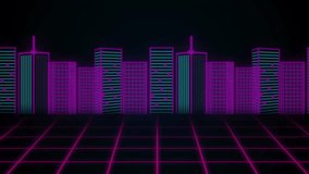 DNA strands animation over neon cityscape with grid lines and glowing buildings. Genetics, biotechnology, futuristic, digital, technology, cyberpunk - Powered by Shutterstock - Get 15% off with code: PIKWIZARD15