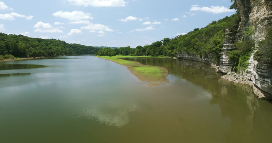 Flyover Man-made Reservoir Of Beaver Lake In The Ozark Mountains Of Northwest Arkansas, USA. Aerial Shot