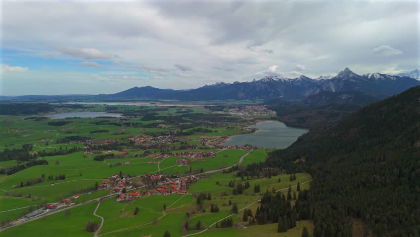 Aerial view of three large lakes Weissensee, Hopfensee, Forggensee in Bavaria region, Germany near town of Fuessen. Luftaufnahme Weissensee, Hopfensee, Forggensee in Bayern, Deutschland in Fussen. 