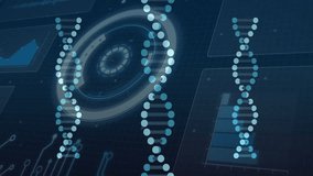 Processing scientific data, DNA strands and circular interface in animation. Science, technology, data analysis, biotechnology, research, genetics - Powered by Shutterstock - Get 15% off with code: PIKWIZARD15