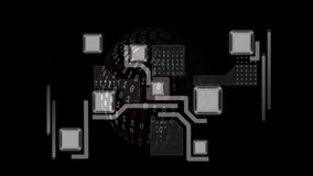 Binary code and circuit board animation over dark background with digital globe. Technology, circuits, tech, futuristic, data, global - Powered by Shutterstock - Get 15% off with code: PIKWIZARD15