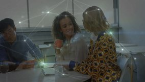 Discussing in office, diverse colleagues with network connections and data processing animation. Teamwork, collaboration, technology, diversity, networking, data analysis - Powered by Shutterstock - Get 15% off with code: PIKWIZARD15